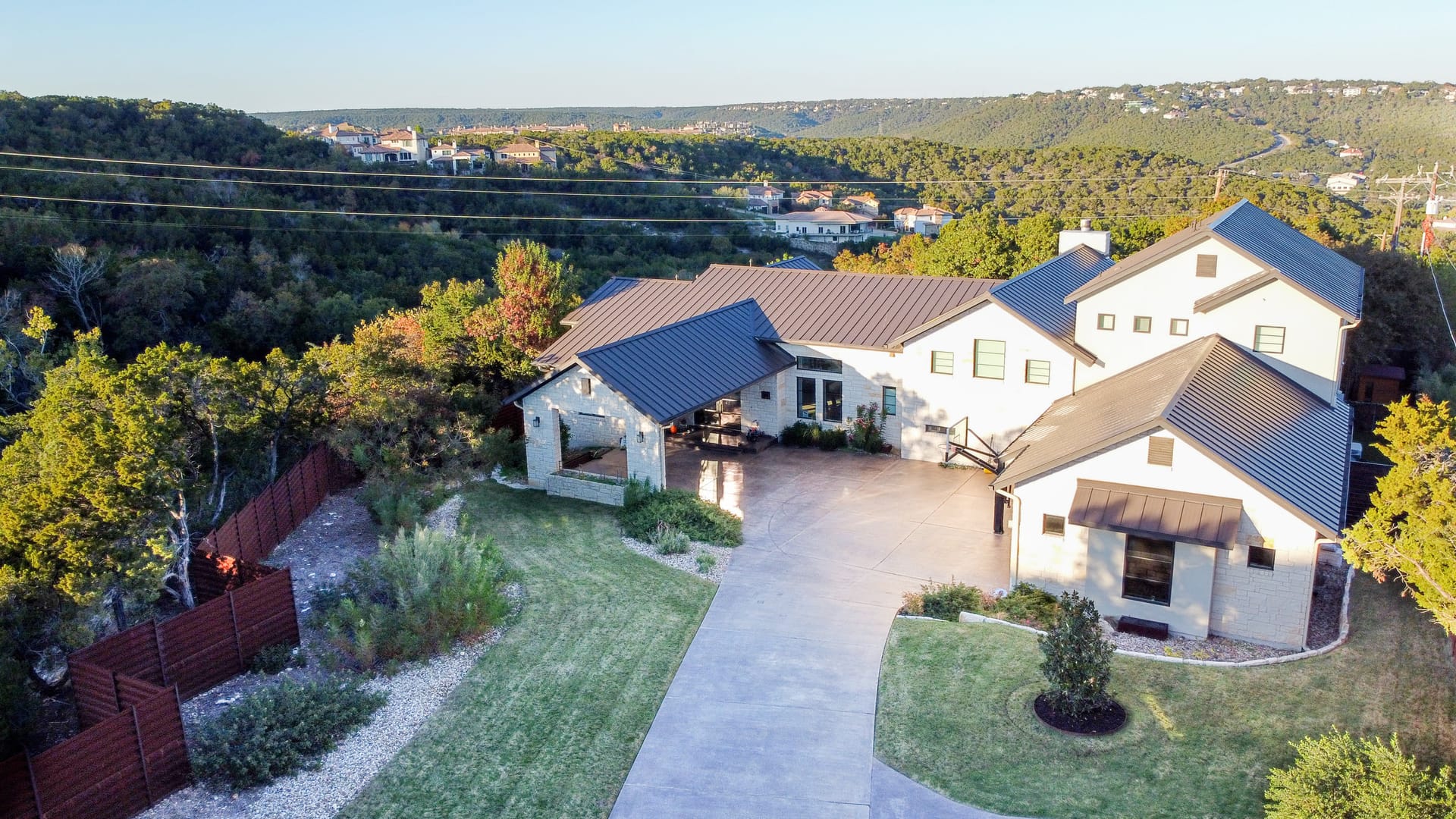 Stunning aerial view of a premium landscape renovation in Austin, Texas
