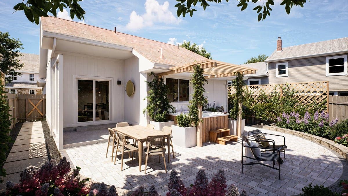 Irle Residence — front perspective with pergola and patio
